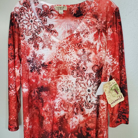 One World Snowflake Red & White NWT Embellishment V Neck Top Tunic XL - Picture 4 of 11